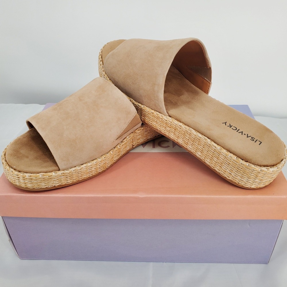 Lisa Vicky Tan Suede Platform Slide Sandals Woven Raffia Midsole Womens 8 New - Picture 3 of 10